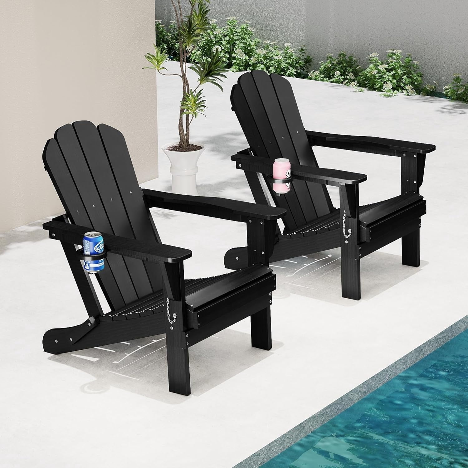 Domi Outdoor Living Folding Adirondack Chair Set of 2, All-Weather HDPE Patio Chair with Cup Holder, Weather-Resistant Fire Pit Seating for Backyard, Deck, Garden & Poolside, Black