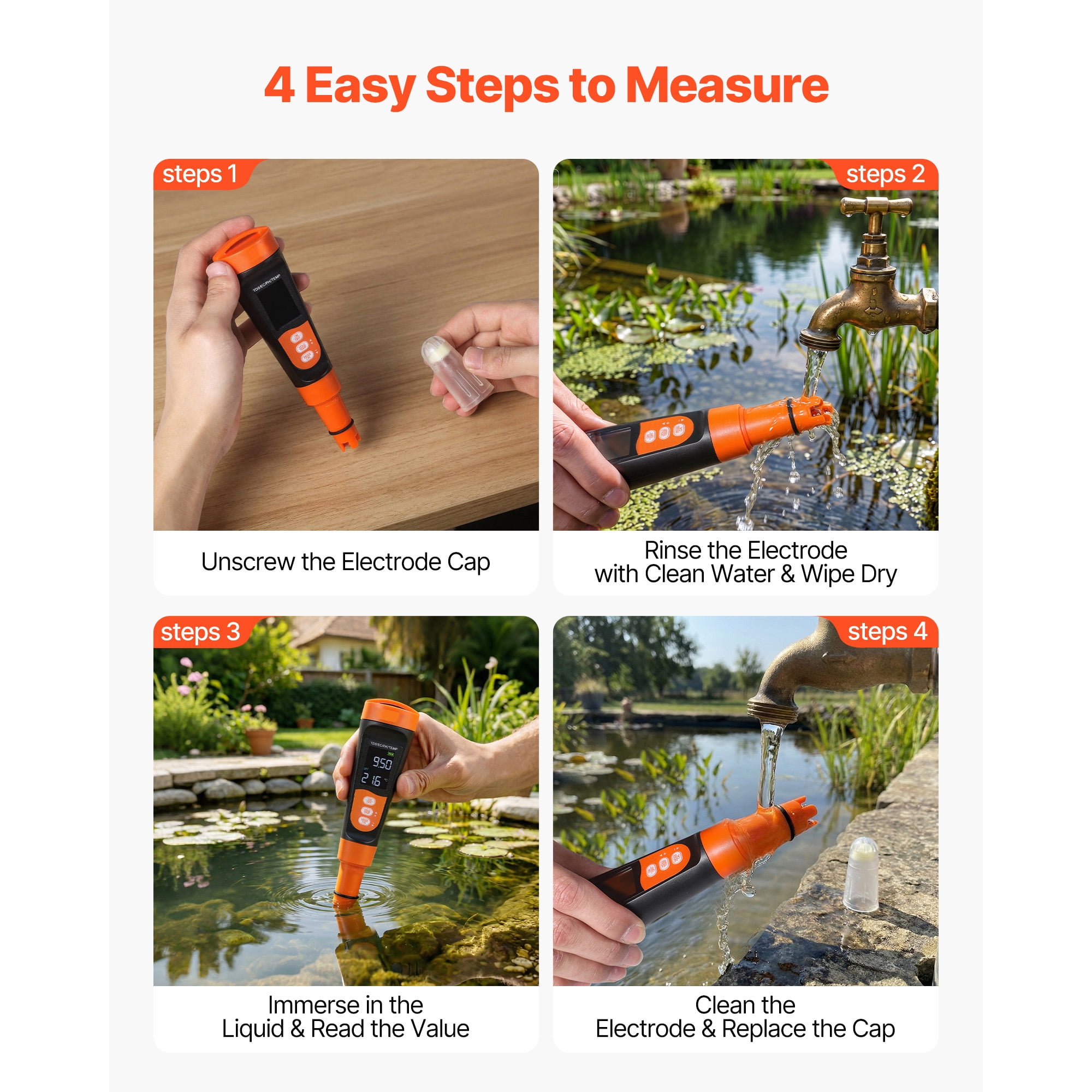 KFFKFF Portable pH Meter with Multi-Parameter Measurement, Accurate pH/EC/TDS Testing, Waterproof IP68 Probe, Compact Tester Kit with Calibration Powders, VA Display, Ideal for Water Quality Analysis
