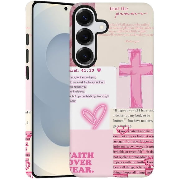 Case for Samsung Galaxy S25 Plus, Pink Christian Collage Heart Cross Phone Case Military-Grade Drop Protection Cover for Women Girl - Frosted