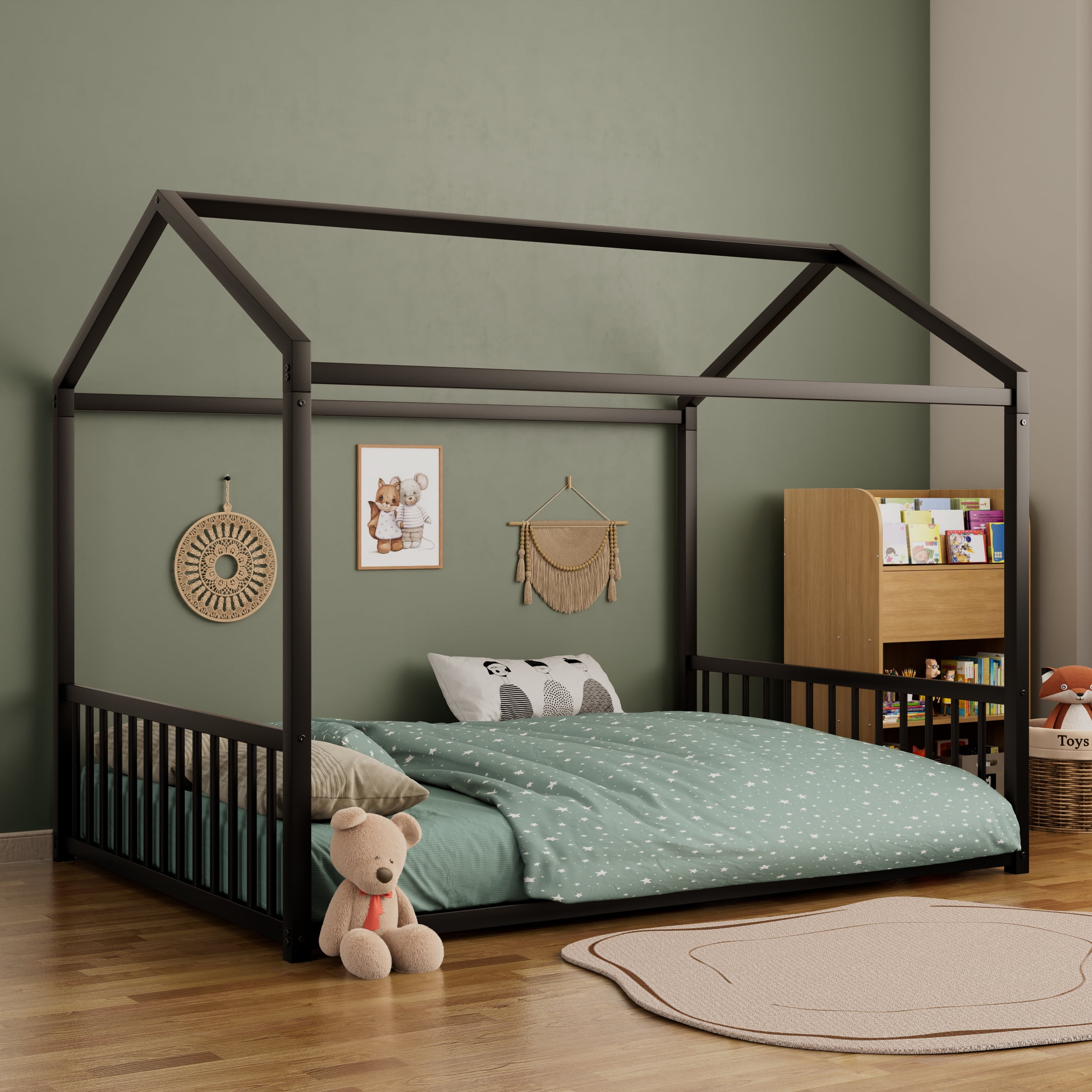 Euroco Metal Full Size Canopy Bed, Low Profile House Bed with Guardrails, Black