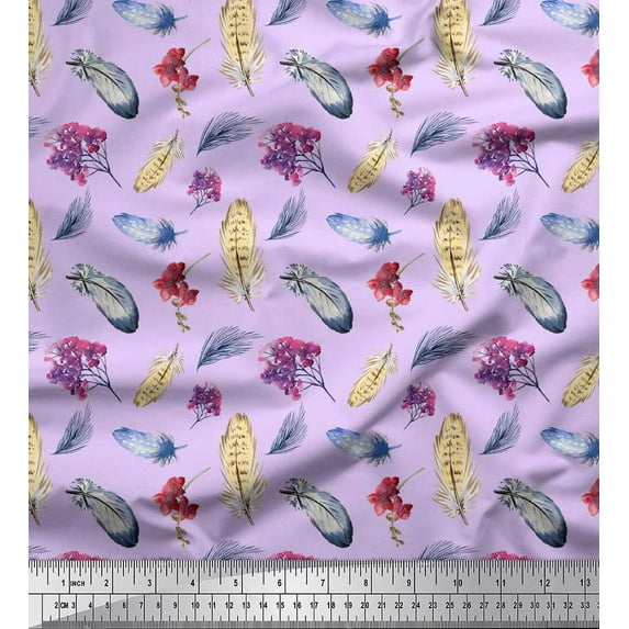 Soimoi Purple Silk Fabric Feather & Floral Print Fabric by Yard 42 Inch Wide