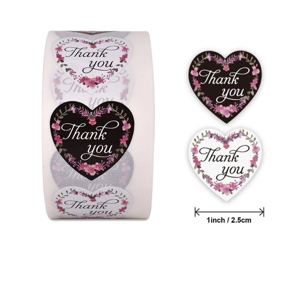 500 PCS Stickers Roll, Thank You Message Waterproof Cute Aesthetic Labels Stickers, DIY Creative Decal Skin, Small Business Orders Retailers Online Shop Wrapping Packaging Box Bag (Heart Shape Floral)