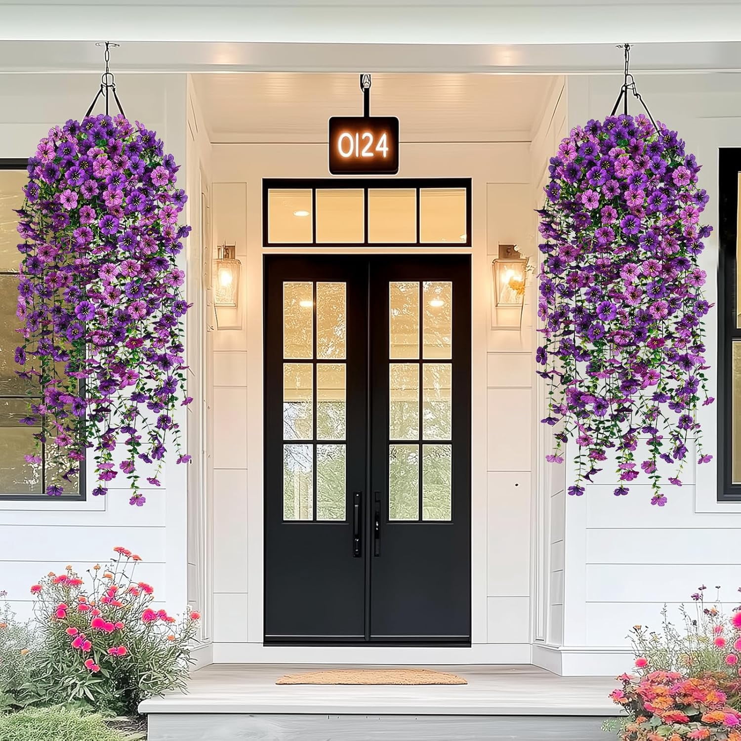 Waipfaru Artificial Hanging Flowers for Outdoors Spring Summer Decoration,4 Pcs UV Resistant Faux Silk Violet Fake Flowers for Garden Porch Window Home Decor