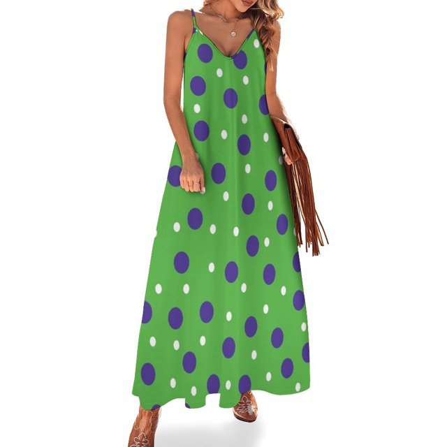 Vestido sin mangas estampado verde lima con lunares morados y blancos Ropa estética Vestidos Vestidos de gala mujer verano