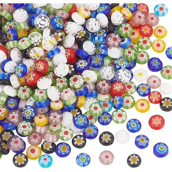 325Pcs/5 Strands Millefiori Lampwork Glass Beads 6mm Flat Round Flower Glass Beads Handmade Flower Millefiori Lampwork Glass Beads Spacer Bead