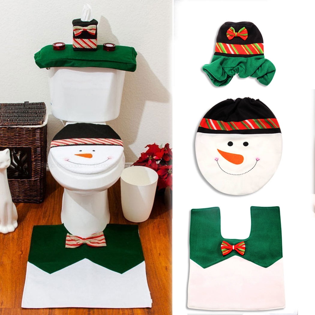 Christmas Snowman Bath Rug Set Toilet Seat Cover + Toilet Rug +Tank