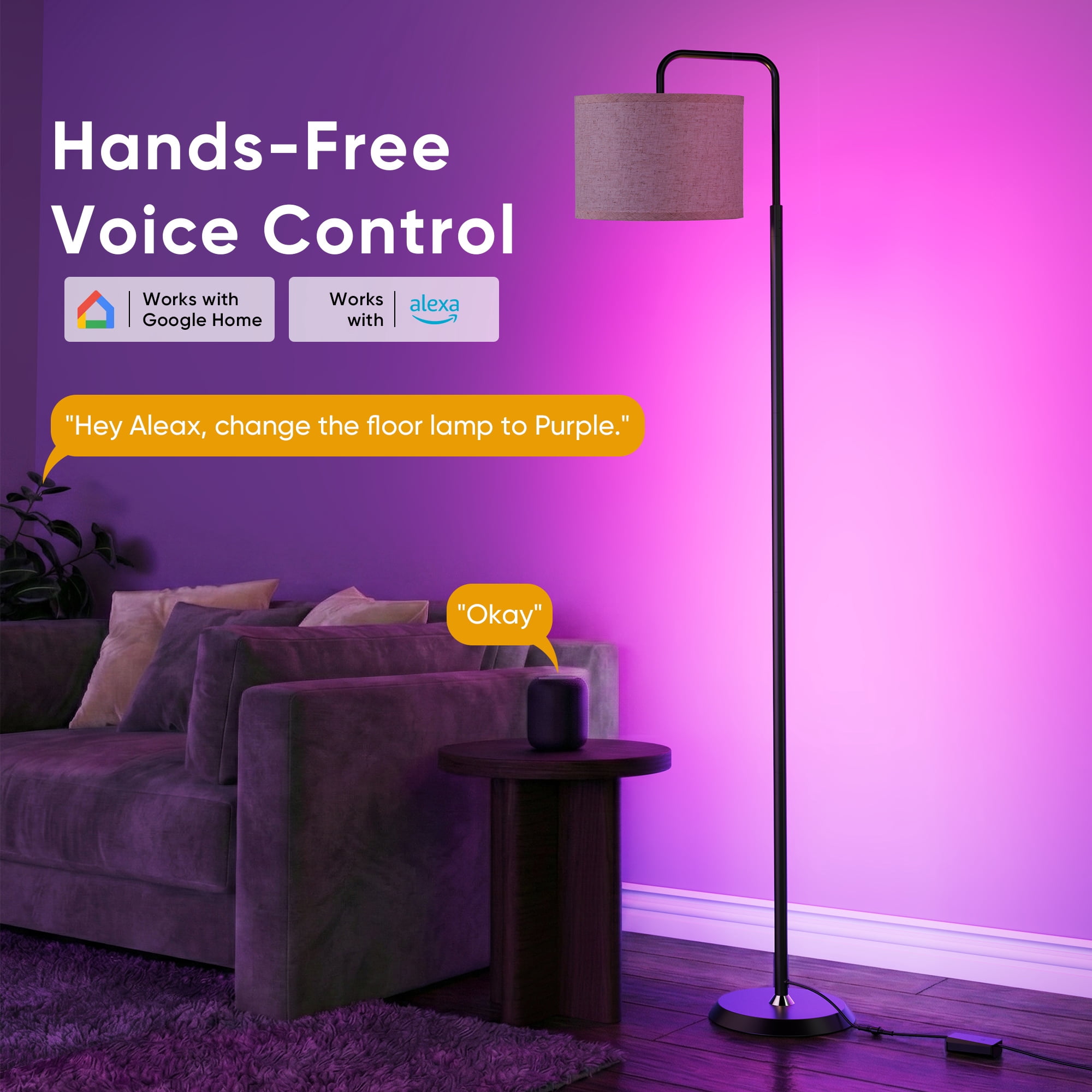 69in Smart LED Floor Lamp with APP Control & RGB Colors  Dimmable Standing Lamp for Living Room Bedroom,12W Bulb Included Timer