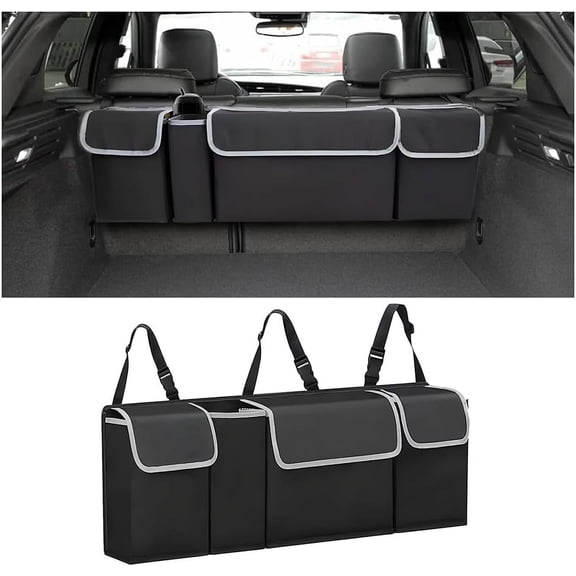 Hanging Car Trunk Organizer with 4 Pockets, Backseat Storage Organizer for SUV Truck MPV, Foldable 600D Polyester Cargo Storage Bag with Adjustable Headrest Straps for Car Interior Organization