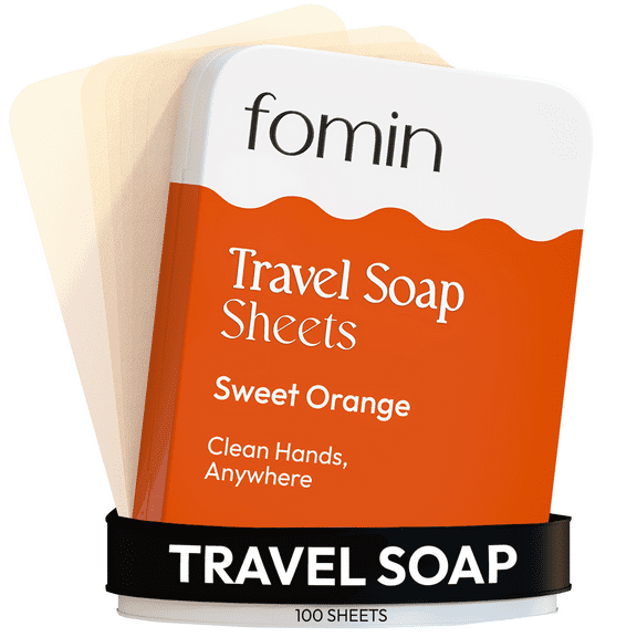 FOMIN - Antibacterial Paper Soap Sheets Tin for Traveling - (100 Sheets) Orange Portable Travel Hand Soap Sheets, Dissolvable Mini Camping Hand Soap for Hand Washing