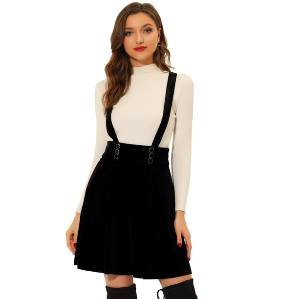 Falda de terciopelo con tirantes de estilo skater de cintura alta para mujer Negro XS