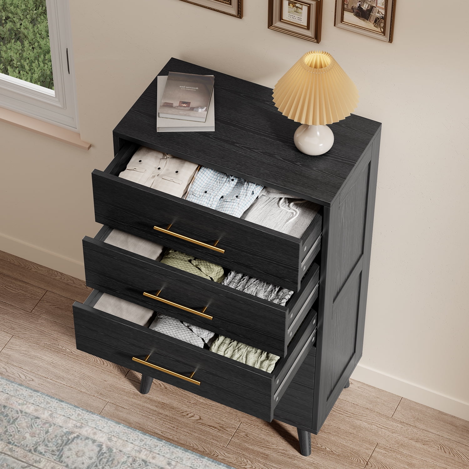 Dresser for Bedroom Clearance, Lofka 5 Drawers Dresser Gold Metal Handle, Wood Storage Cabinet for Living Room, Black
