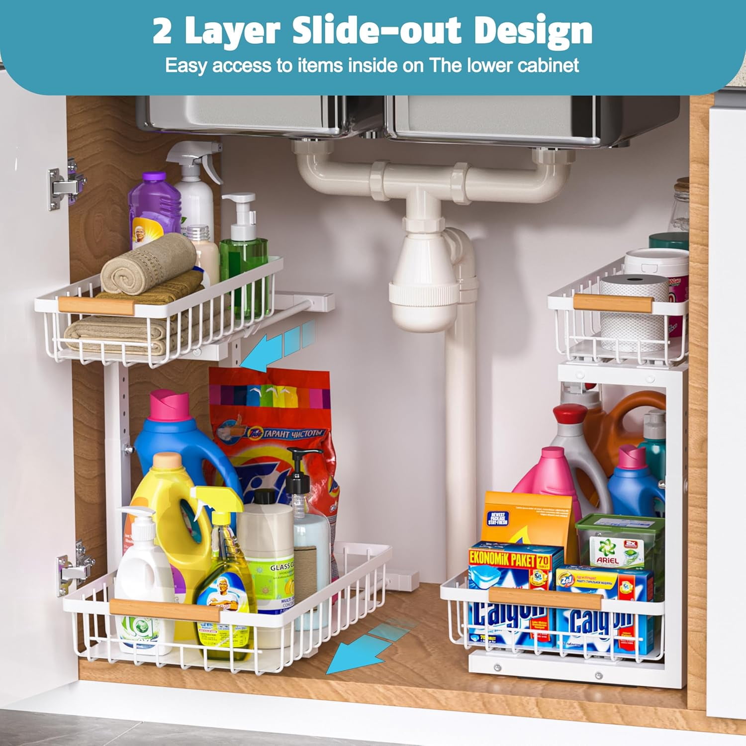 Under Sink Organizer 2 Pack, Height Adjustable Under Sink Organizers and Storage Shelf, 2 Tier Pull Out Cabinet Drawers for Kitchen Bathroom, Metal Under Sink Storage Rack, Gold