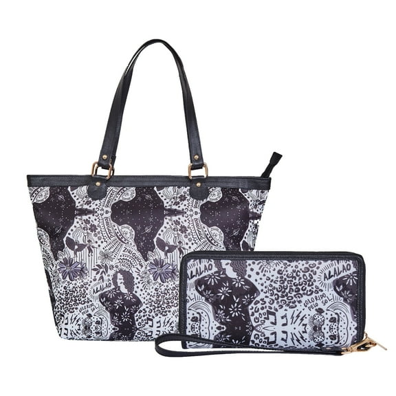 Sishka Women’s Hand Crafted Printed Nylon & Leather Tote Bag with Matching Wristlet Wallet – Elegant Shoulder Handbag Set
