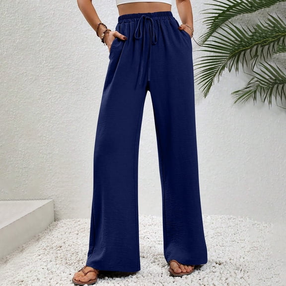 Endives Women's Wide Leg Pants Textured Elastic High Waisted Solid Color Flared Elegant Casual Pants Dark Blue