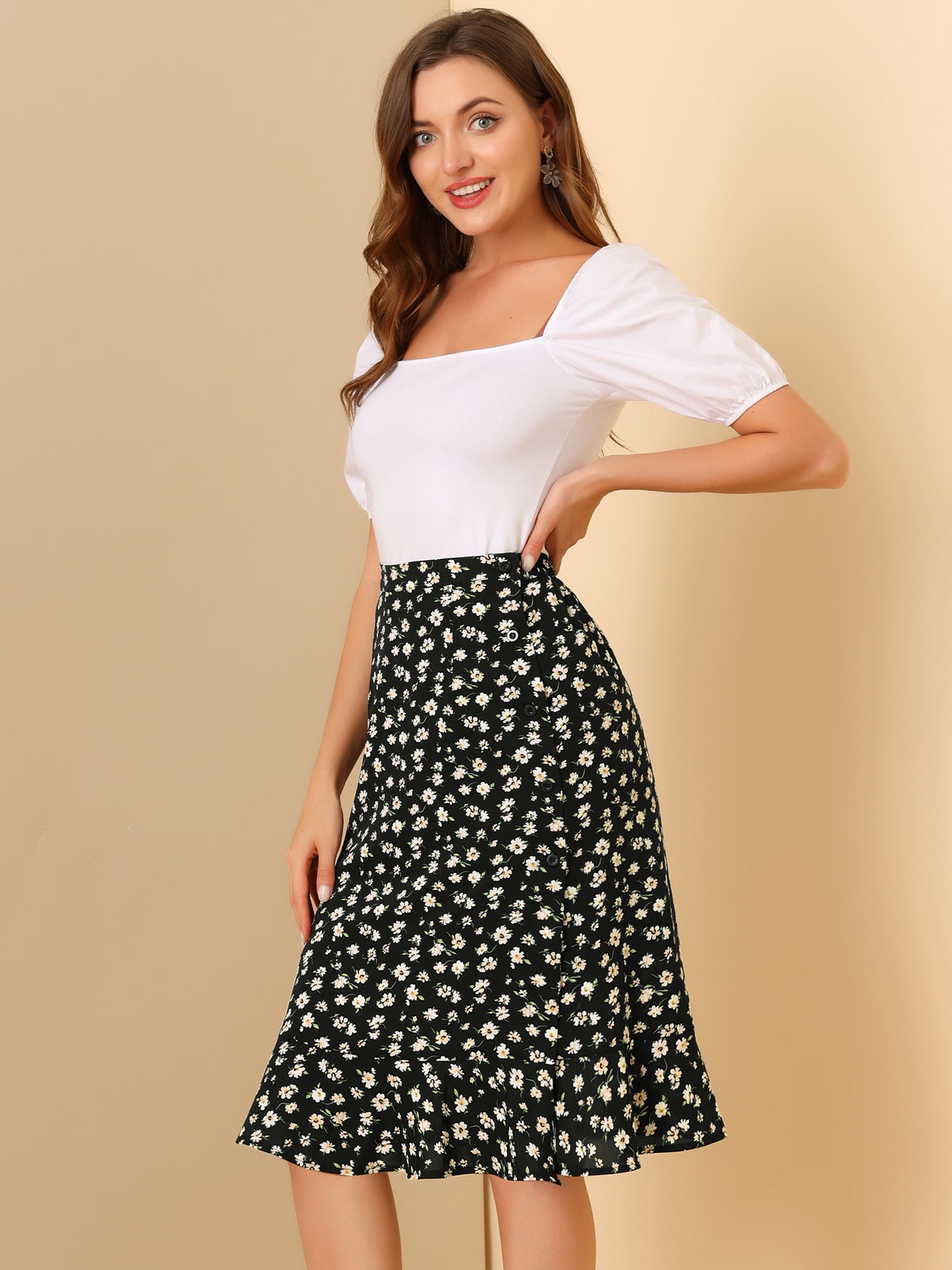 DARING DIVA Women's Floral Ruffle Hem Elastic Back Split Skirt XS Black
