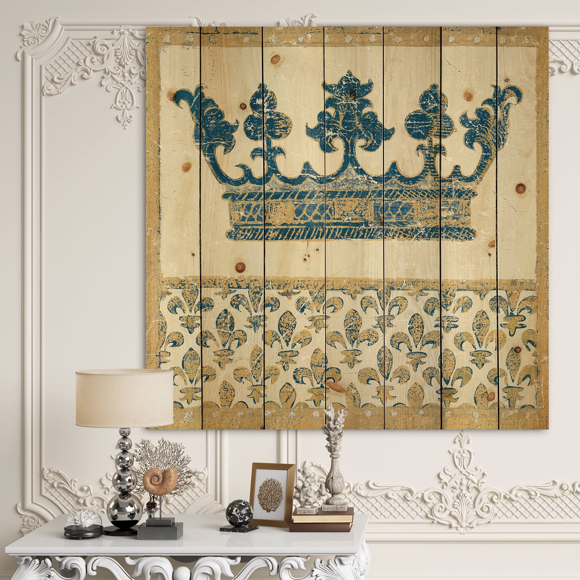 Designart 'Gold Crown Fleur de Lis' Ornate Glam Print on Natural Pine Wood