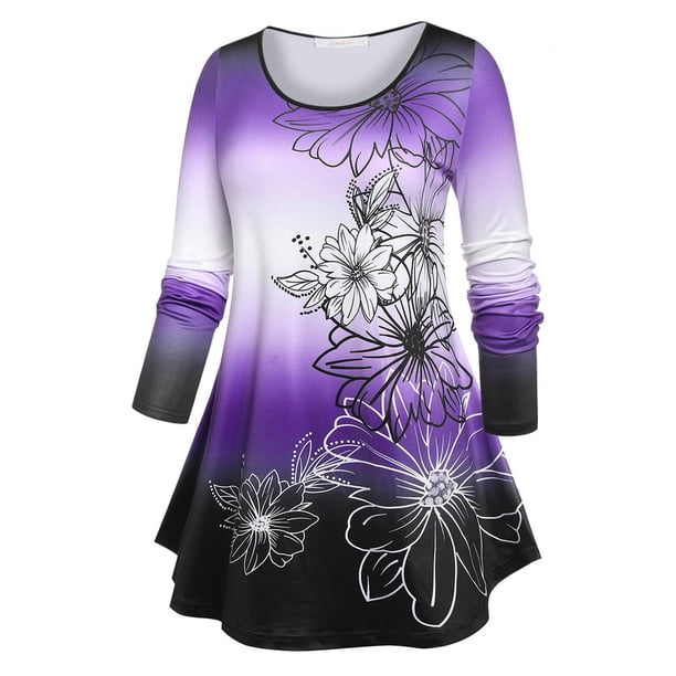 Camiseta de Talla Extra con Estampado Floral de Color Degradado Rosegal Mangas largas de talla grande