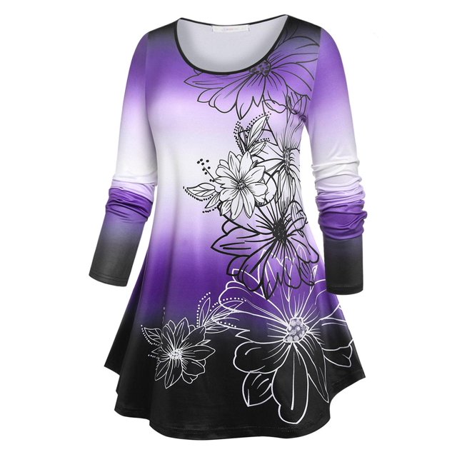 Camiseta de Talla Extra con Estampado Floral de Color Degradado Rosegal Mangas largas de talla grande
