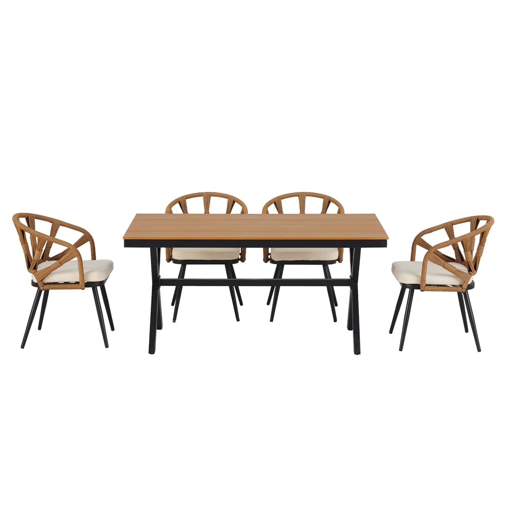 5 Pieces Outdoor Patio Dining Set, Outdoor Contemporary Acacia Wood Table and Chairs Set for Garden & Poolside, Yellow