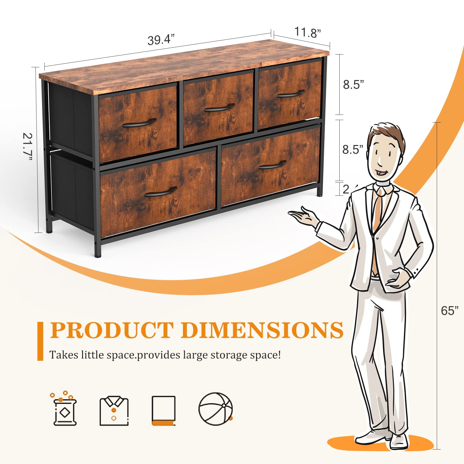 CONCETTA Dresser for Bedroom, 5 Fabric Drawers Dresser, Clothes Cabinet Storage Organizers and Wood Top Surface Table for TV, Chest of Drawers for Living Room, Hallway