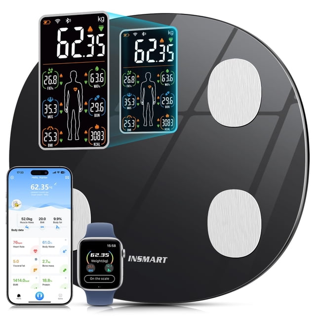 Báscula inteligente INSMART para peso corporal, báscula de baño con pantalla LCD todo en uno, báscula de grasa corporal, báscula digital inteligente con Bluetooth, frecuencia cardíaca, índice cardíaco
