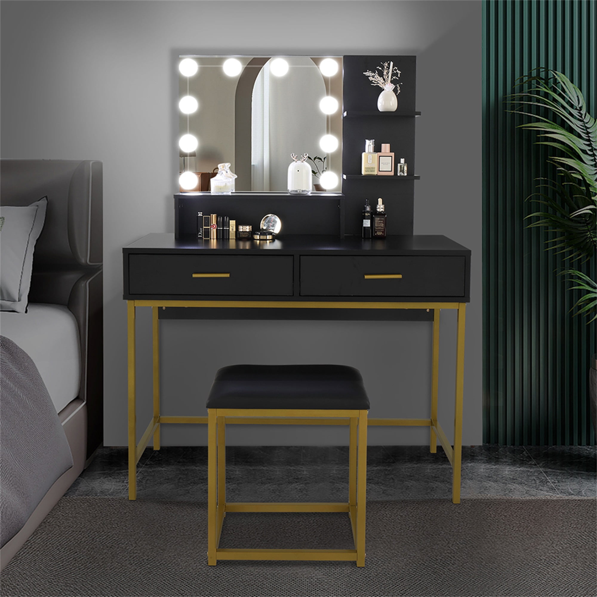 Kadyn Vanity Set with 10 LED Bulbs, Makeup Table with Cushioned Stool, 3 Storage Shelves 2 Drawers, Dressing Table Dresser Desk for Women, Girls, Bedroom, Black