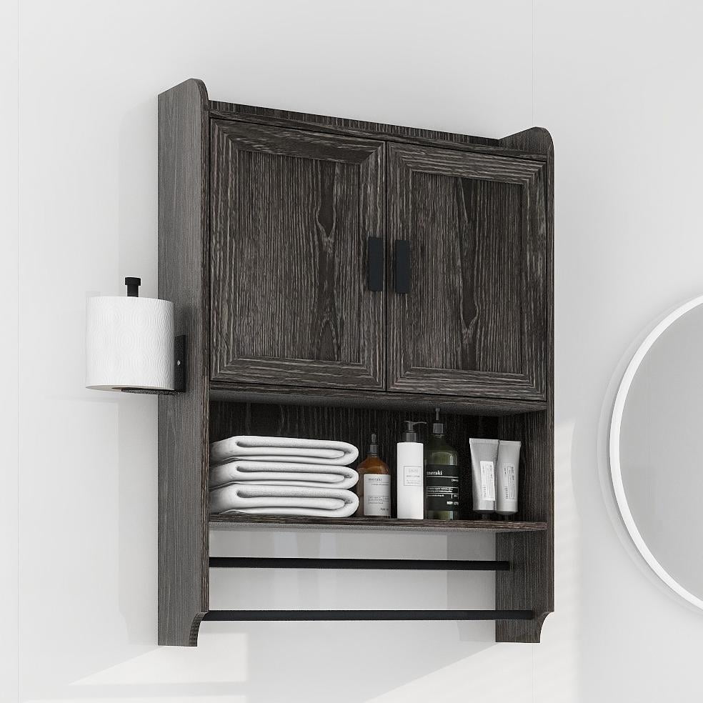 Bathroom Wall Storage Cabinets with Door and Open Shelves,Medicine Cabinet,Steel Pipe Rack for Hanging Towels and Kitchen Utensils for Bathroom,Grey