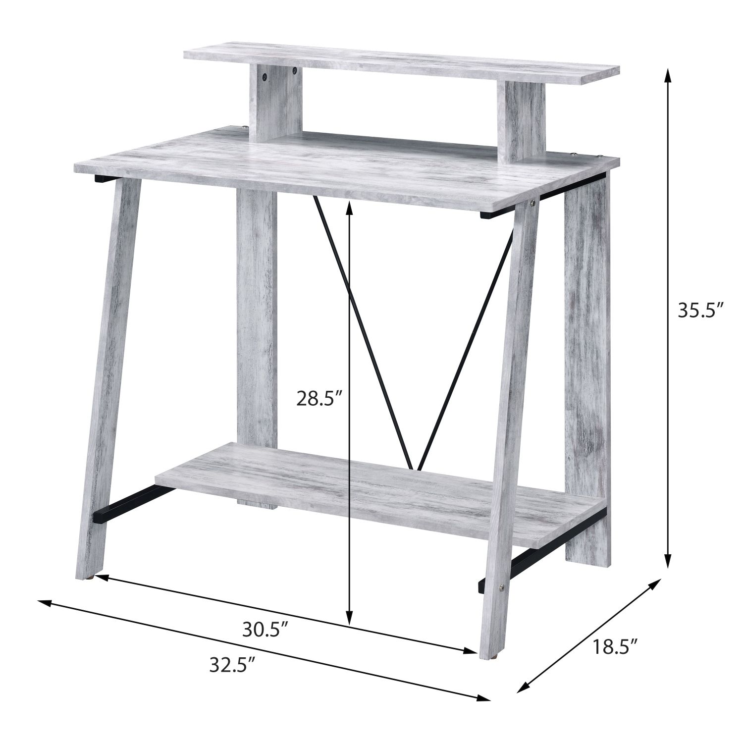 Writing Desk with Upper and Bottom Shelves, Rectangular Computer Desk for Home Office, 35.5 in High, Metal V-Shaped Backing