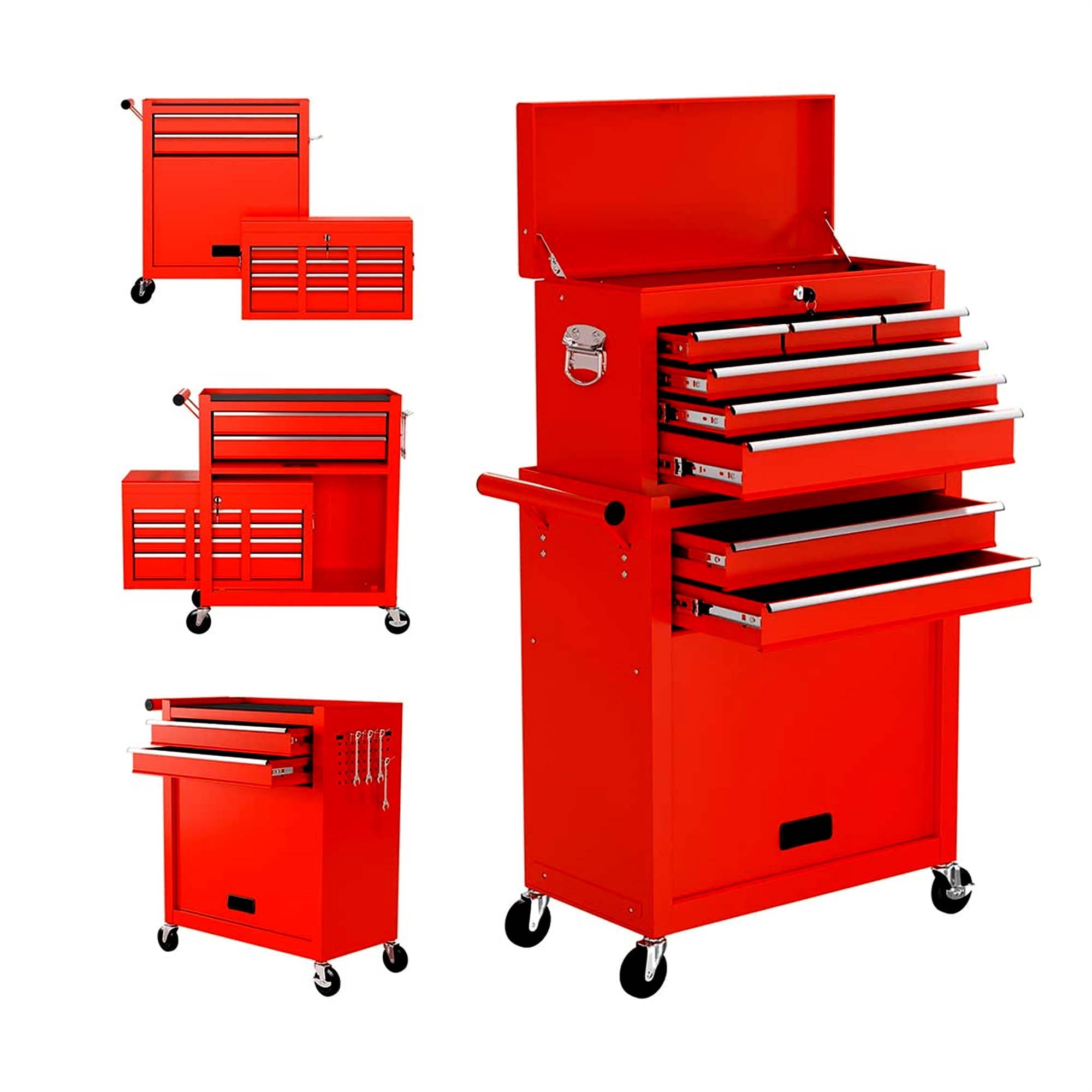 Aukfa Tool Box, 2 in 1 Steel Rolling Tool Chest & Cabinet on Wheels for Garage, 8-Drawers, Red