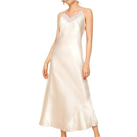 Women Satin Long Nightgown Full Slips Backless Sleepshirt Lace Trim Nightdress Maxi Camisole Nightgown Bridal Babydoll XS-L