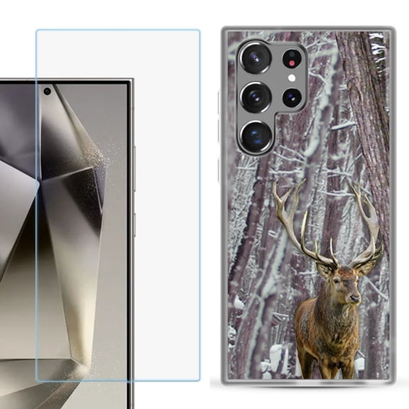 For Samsung Galaxy S25 Ultra 5G Phone Case Cover with Tempered Glass Screen Protector, by OneToughShield - Deer/Snow/Camo
