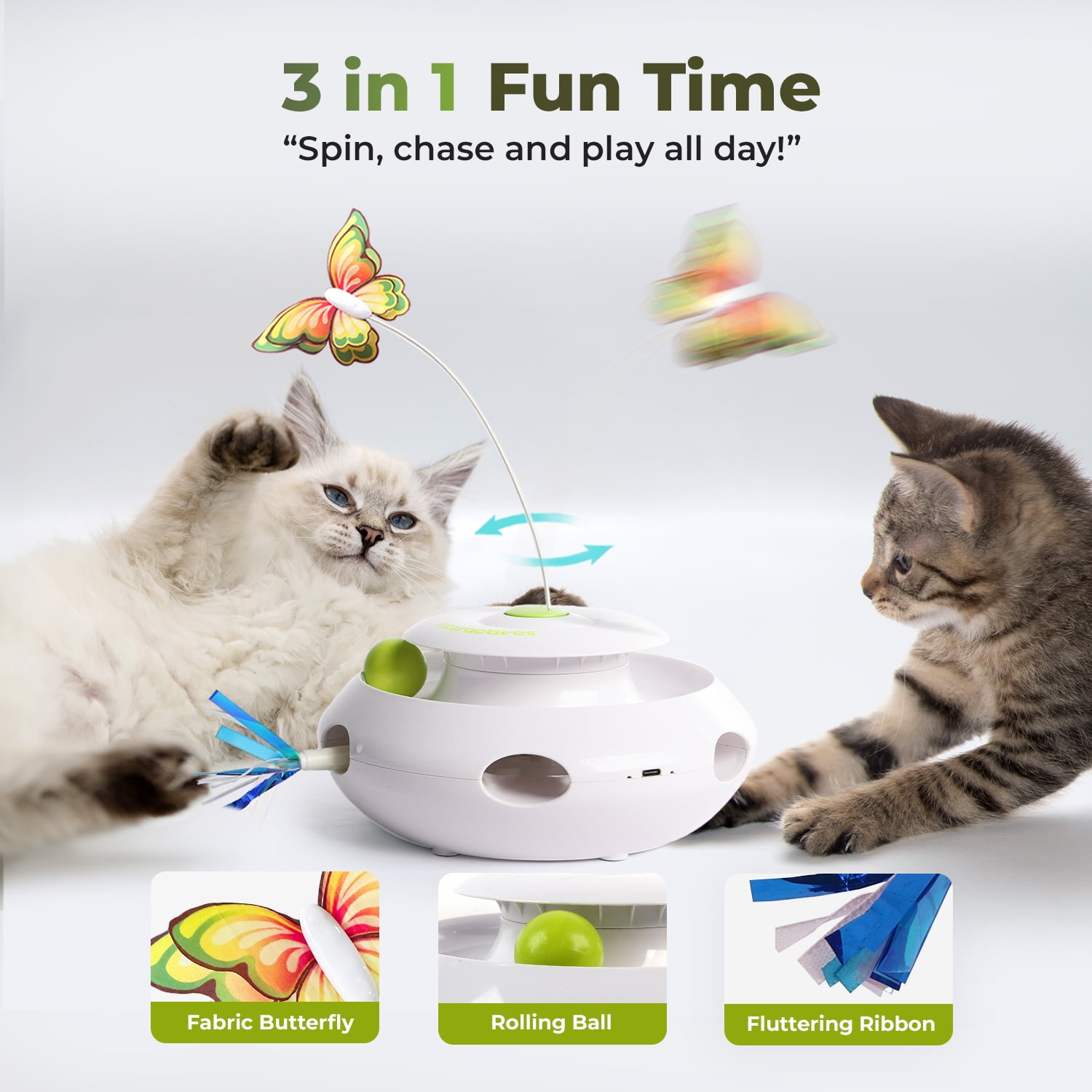 All For Paws 3-in-1 Interactive Butterfly Cat Toy with Motion Sensor, USB Re-chargeable Whack-a-Mole & Cat Ball Toy