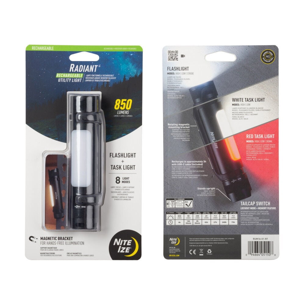 Nite Ize, Inc. RUM1A-01-R7 Nite IZE Radiant Rechargeable, 3-in-1 Flashlight Magnetic Task Red Emergency, Portable Hands-Free Work Car Repairs and Jobs Utility Light, Black