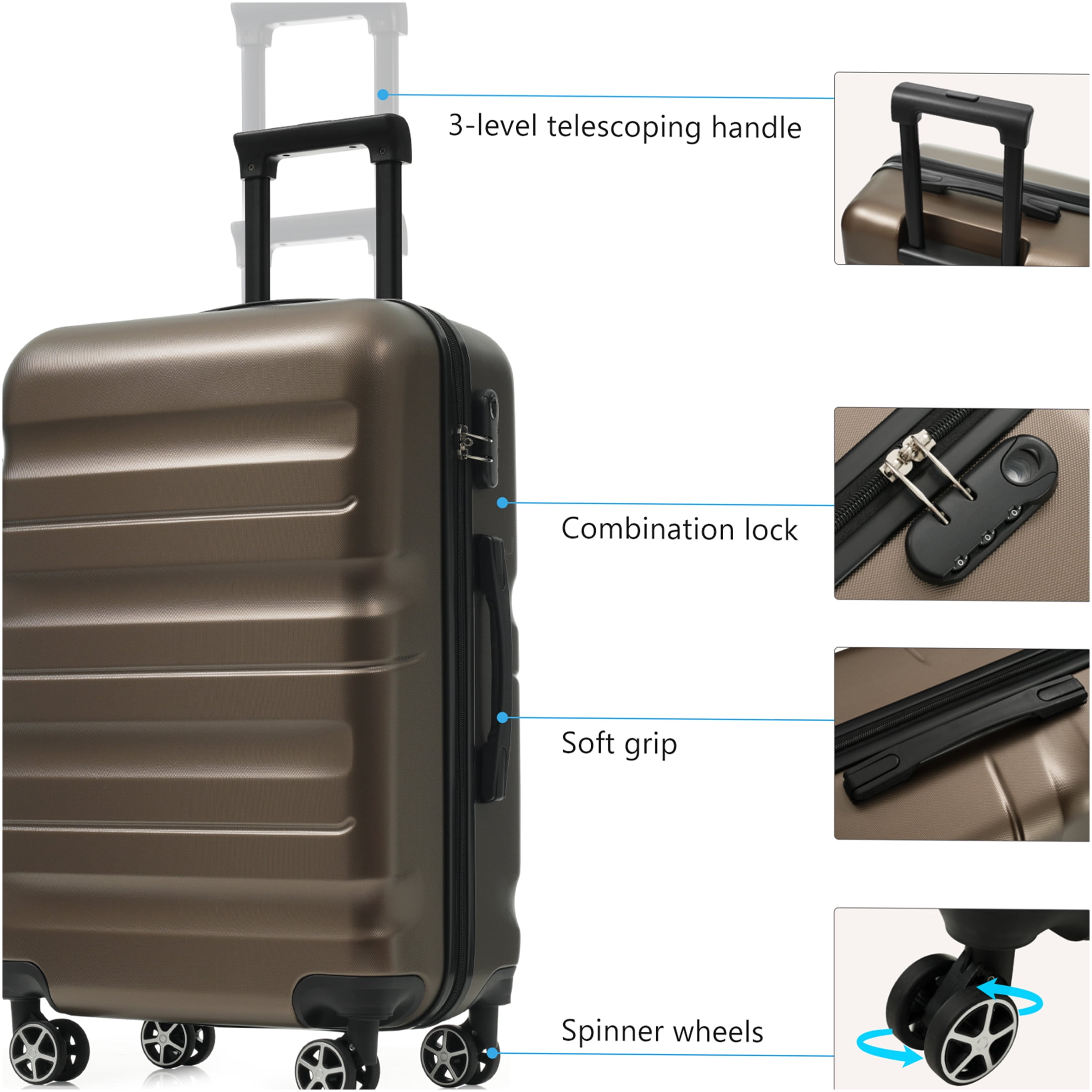 JERFIT 24 Inch Brown ABS Hardshell Checked Spinner Suitcase Luggage with Packing Cubes, Lightweight & Durable Travel Suitcase for Men and Women
