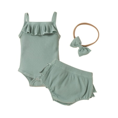 

DNDKILG Toddler Baby Children Girl Outfits Ruffle Bodysuit and Shorts Set Summer Clothing Set Sleeveless with Headband Mint Green