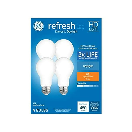 

GE 44899 Refresh 4-Pack 40 W Equivalent 5.5W Dimmable 5000k Daylight A19 LED Light Fixture Light Bulbs
