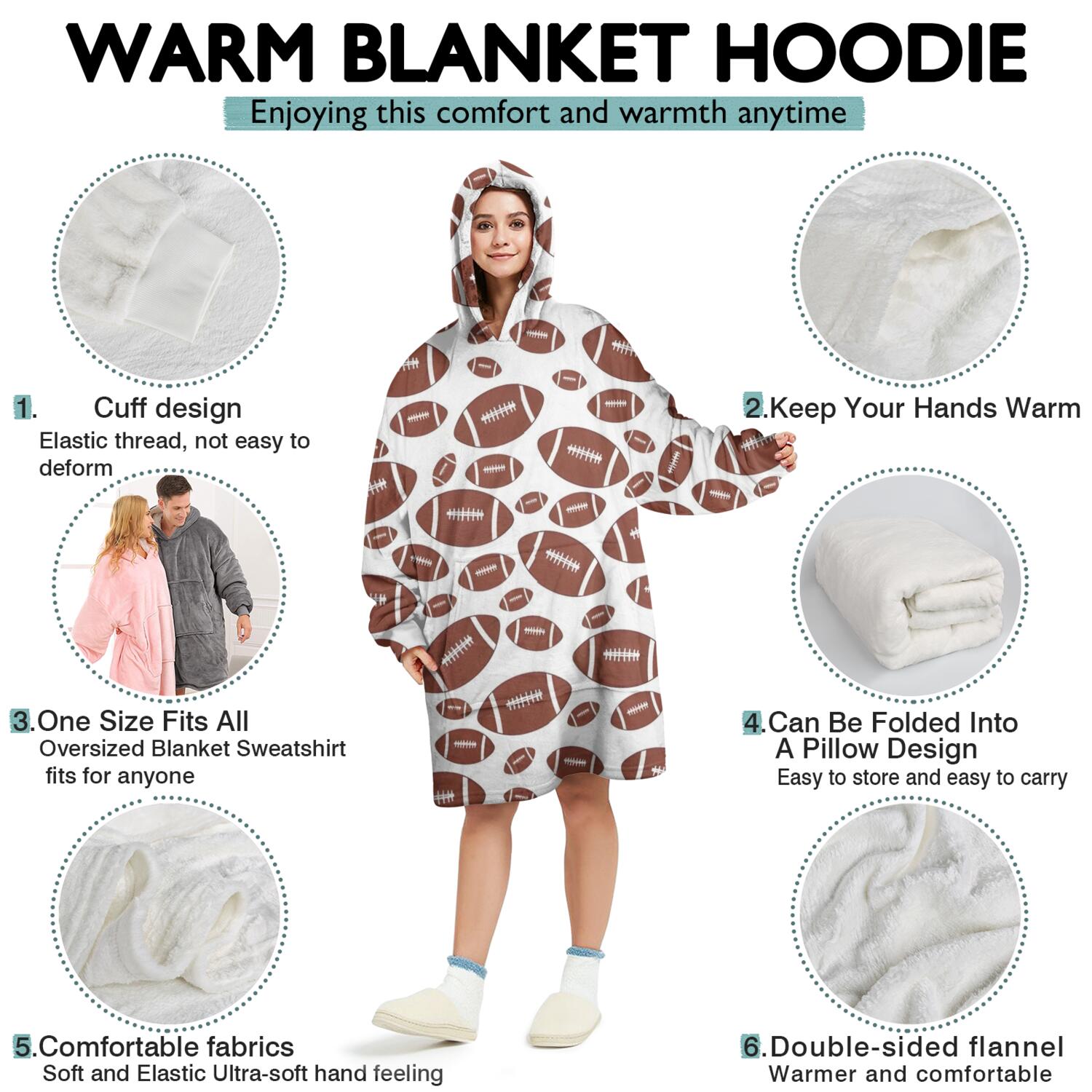 White Brown Footballs Pattern Wearable Oversized Blanket,Wearable Blanket Hoodie for Adults,Cozy Hooded Blankets with Super Pockets,Super Warm Fuzzy Pullover for Women & Men