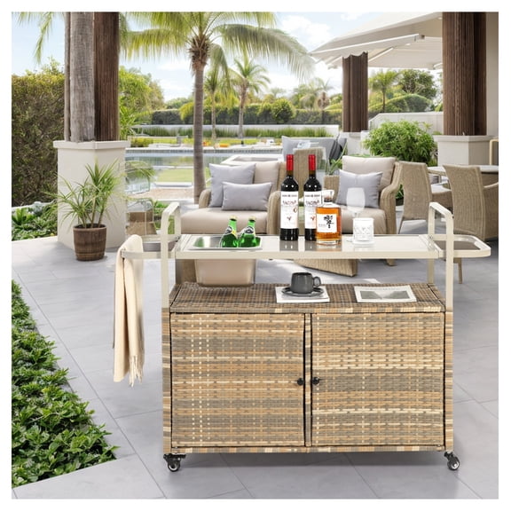 Outdoor Bar Table, Wicker Bar Cart with Cabinet, Patio Serving Cart with steel Top, with one ice bucket,Lockable Wheels, Side Basket for Garden, Poolside & Backyard, Beige No   Beige   Garden&Outdoor