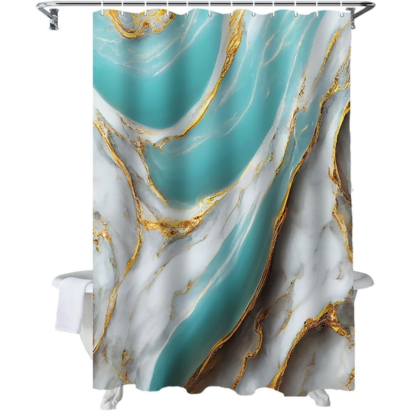 Shower Curtain Aqua Marble Shower Curtains for Bathroom Decor Gold Edge Texture Shower Curtain Sets with Hooks Waterproof Fabric Bath Curtain Standard 72" X 72"