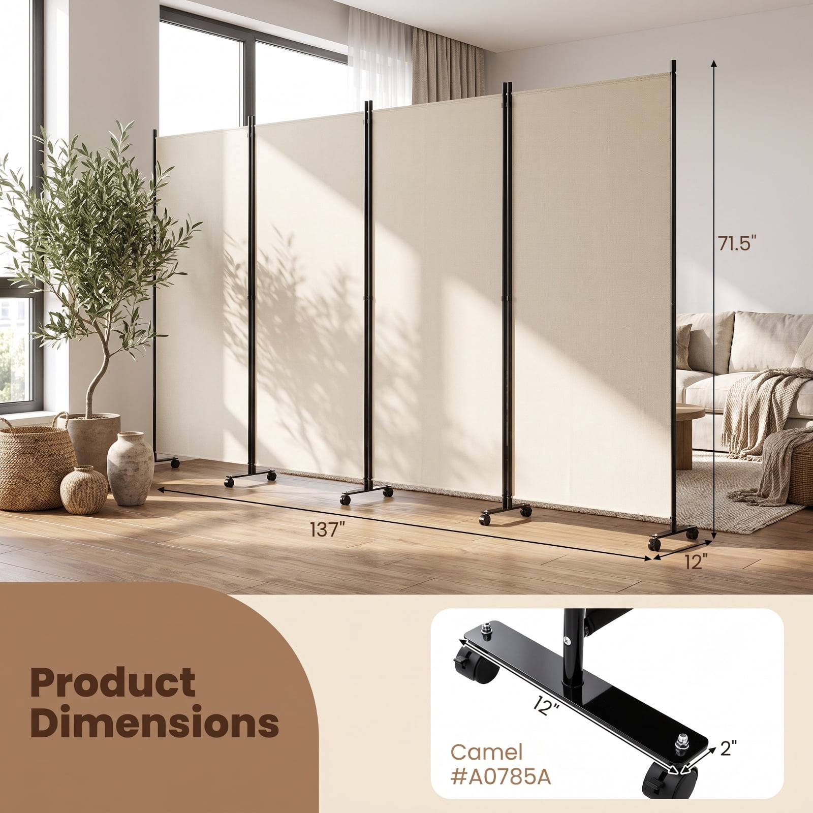 Vebreda 4-Panel Rolling Room Divider Folding Privacy Screen with Lockable Wheels, Freestanding Fabric Partition for Bedroom Office Dorm, White