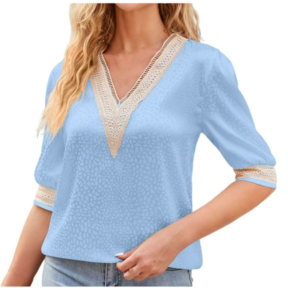 Summer Plus Size Tops for Womens 2025 Fashion V-Neck Solid Lace Satin Mid Sleeved Top