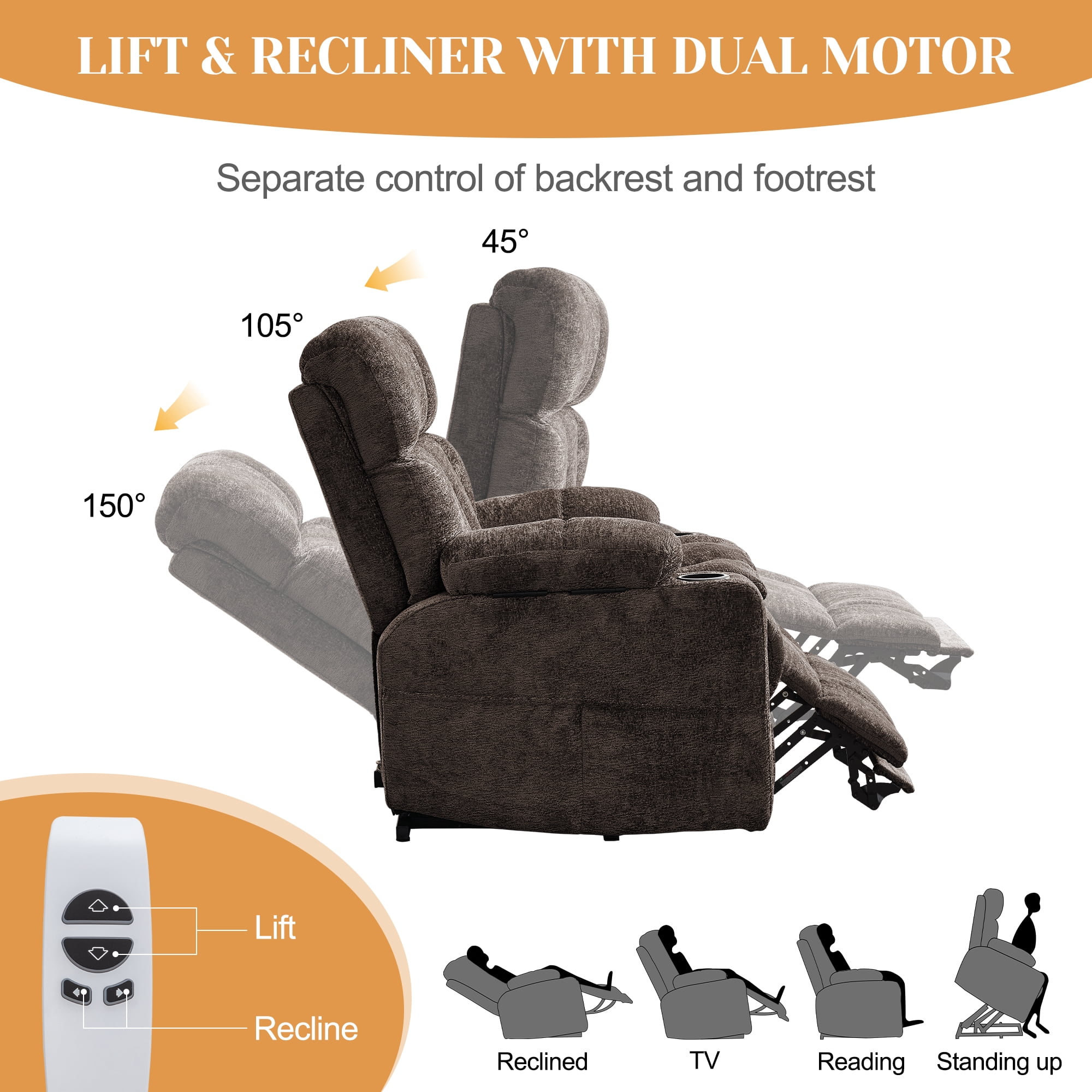 Korser Oversized Dual Motor Power Lift Recliner for Elderly with Adjustable Headrest,Massage Recliner Chair with USB Ports & Type C Electric Lift Chair with Storebox Cupholder for Living Room,Brown