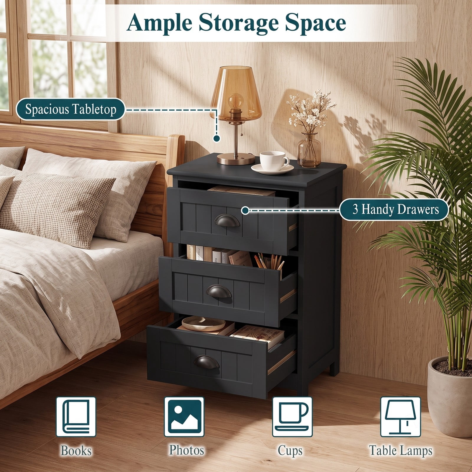 Furnibear 3 Drawer Nightstand with Cup Pull Handles, Farmhouse Bedside Table and Storage Cabinet for Bedroom and Living Room, Black