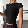 thumbnail image 2 of Blusa de manga corta de punto para mujer, elegante, de color liso, ajustada, con cuello redondo, para citas, color negro, L, 2 of 6
