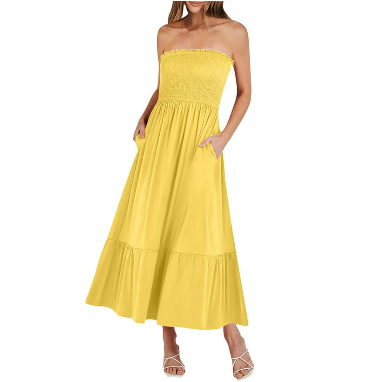Tube Top Dress for Women Summer Solid Strapless Midi Dresses Off The  Shoudle Ruffle Beach Cover Ups Boho Dress Sundress - Walmart.com