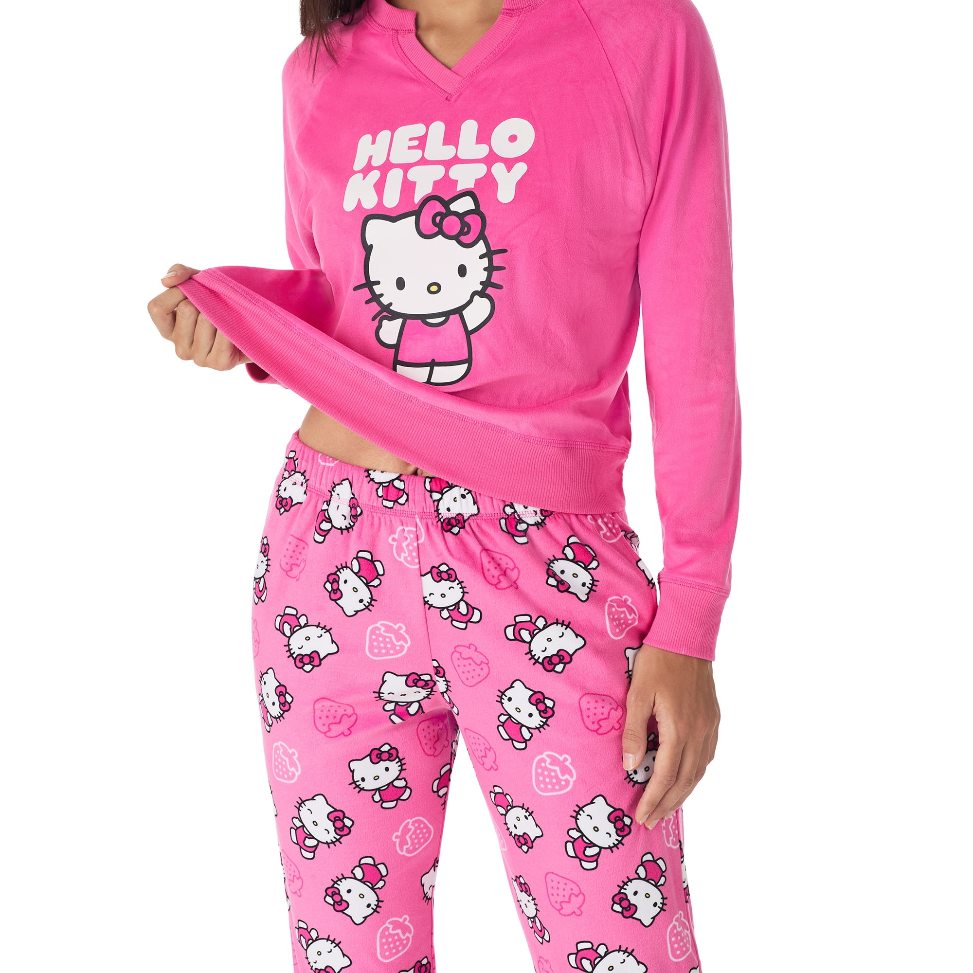 Richard Leeds International Womens Hello Kitty Matching 2 Piece Long Sleeve Pajama Top & PJs Jogger Pants Set with Pockets - Soft & Cozy Sleep & Loungewear Pajamas Sets for Women, Pink, M