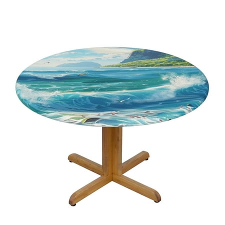 

Unique feature Round Fitted Table Waterproof Elastic Outdoor Tablecloth Satin Resistant Washable Dining Table Protector for Holiday Party