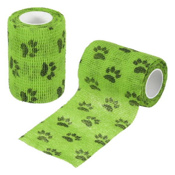 Uxcell Pet Wrap Bandages, 3 Inch 5 Yard Self Adhesive Bandage Wrap, Pet Non-Woven Tape First Aid Cohesive Gauze, (Grass Green/Paw, 2 Pcs)