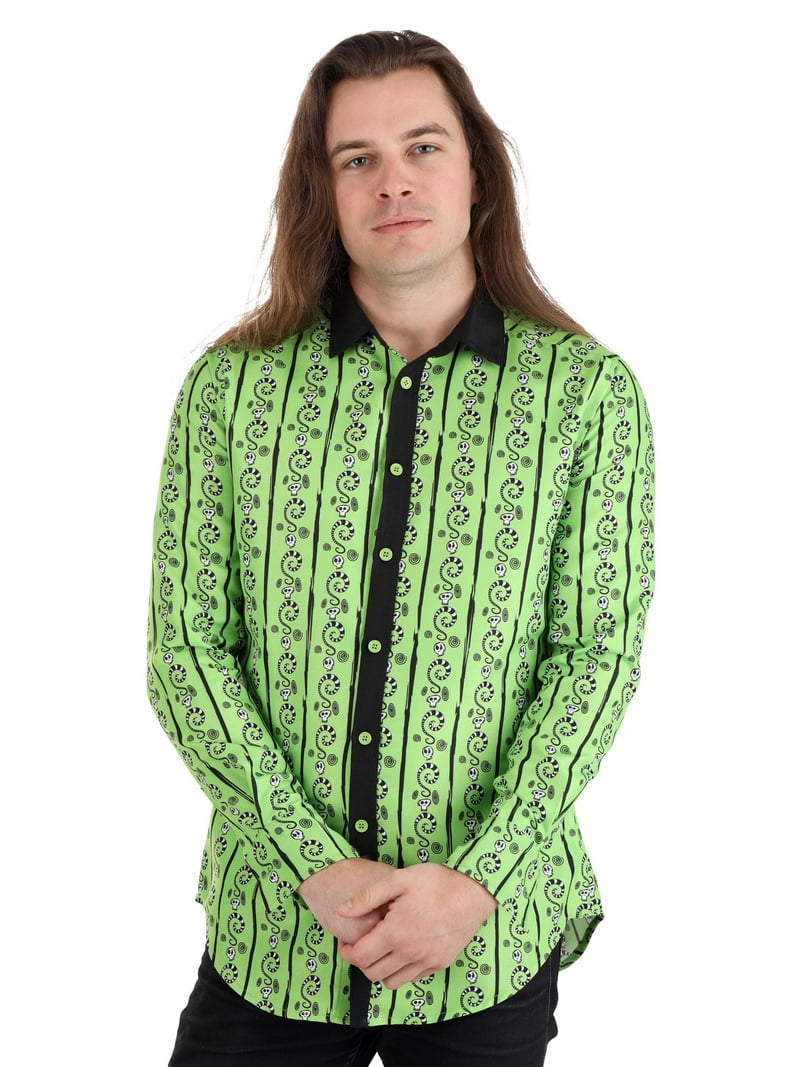 beetlejuice dress shirt Adult Striped Logo Beetlejuice Shirt | Beetlejuice Apparel | Adult | Adult | XS | Black/Green/White