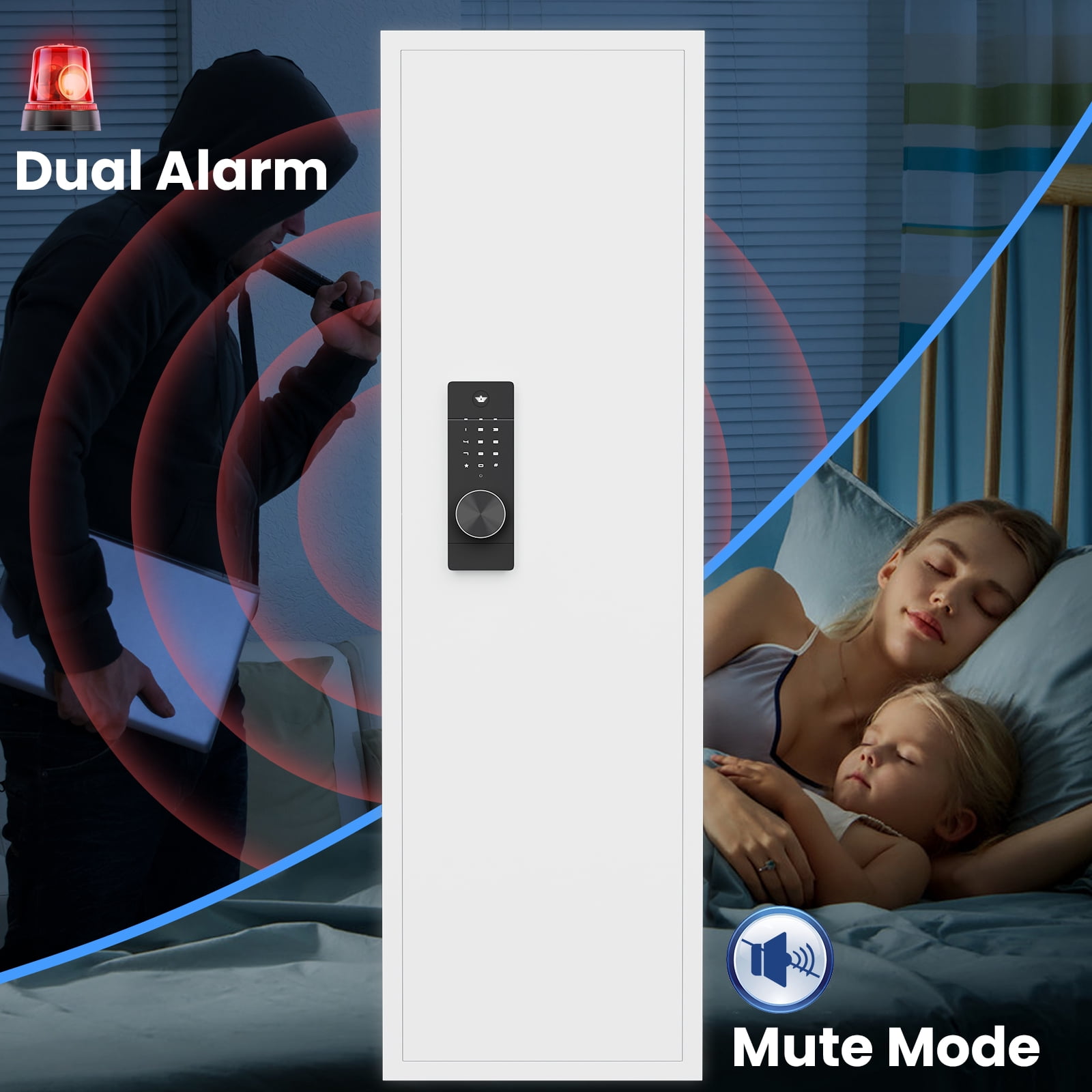 53.15" Wall Safe, Digital Wall Safe Between the Studs with Dual Alarm ＆ Mute Mode, Hidden Wall Safe with Adjustable Shelve, Magnetic Support & Key Hook